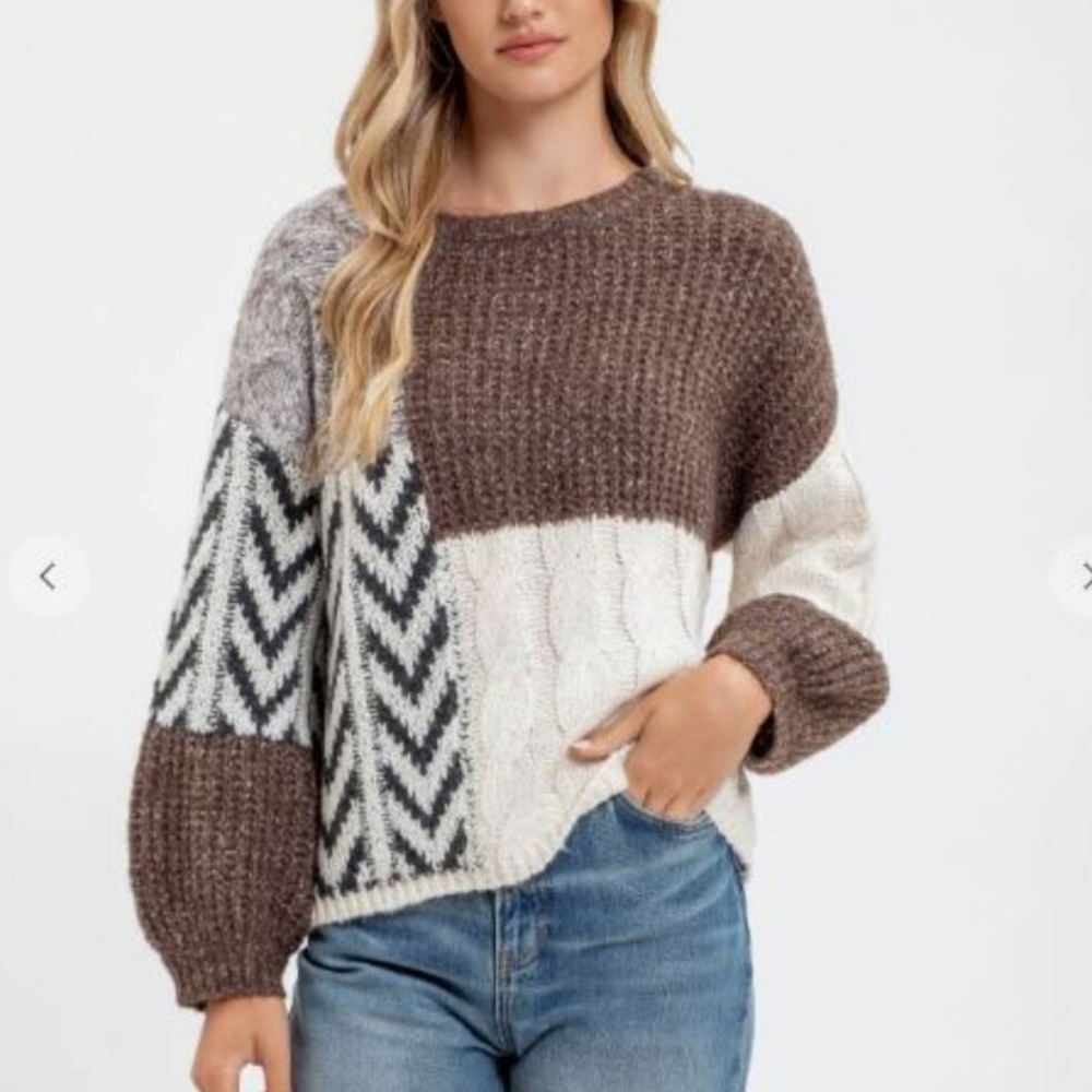 BLU PEPPER THICK LONG SLEEVE COZY CABLE KNIT SWEATER BROWN CREAM OVERSIVED M